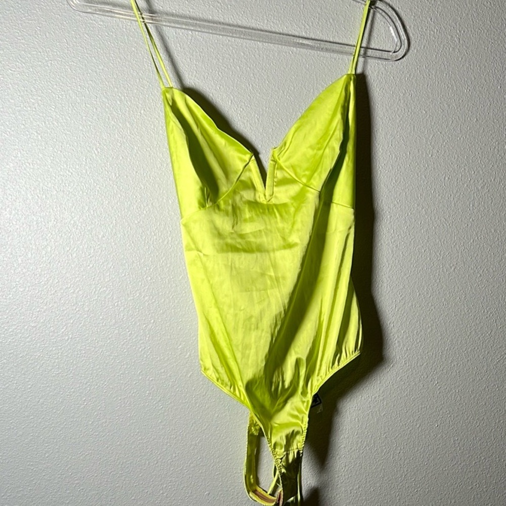 NWT For Love & Lemons Skivvies Lemon/Lime Silky Bodysuit strappy Tie Back